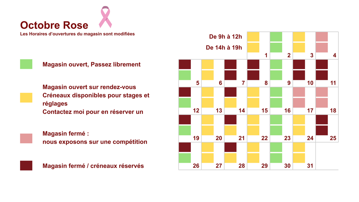 Calendrier des horaires du magasin - octobre 2026 (Octobre Rose)